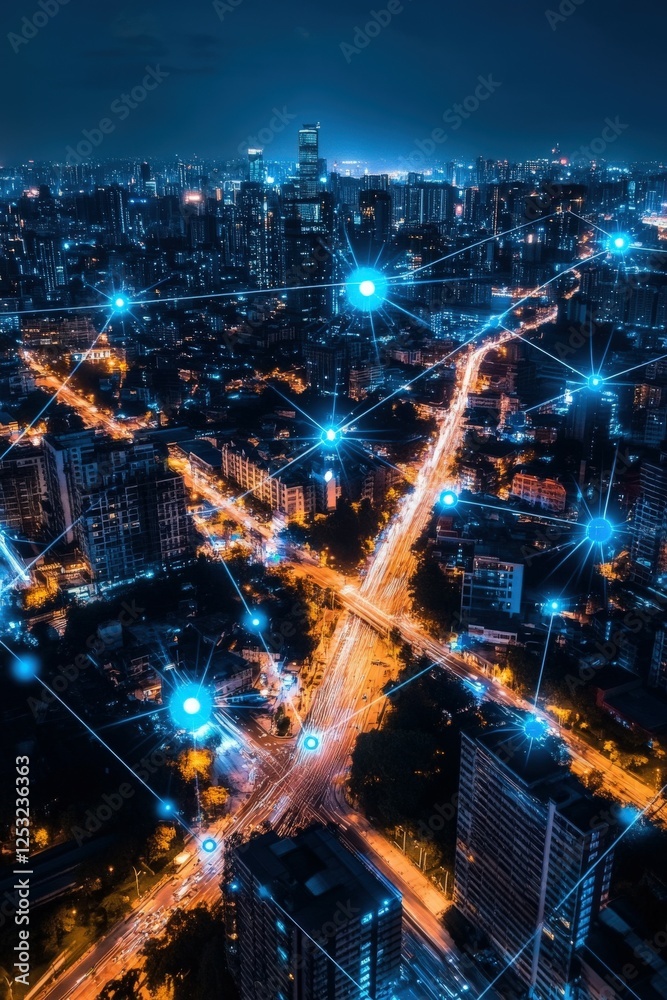Fototapeta premium Cityscape at night with digital connections and lights