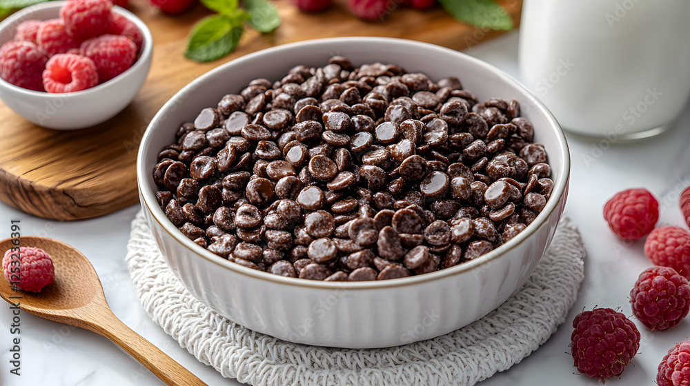 Indulgent start, Chocolate chips, fresh raspberries , morning milk allure Indulgent start, Chocolate chips, fresh raspberries , morning milk allure