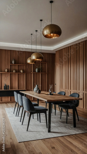 Minimalist interior design of modern dining room with abstract wood paneling, arched wall
