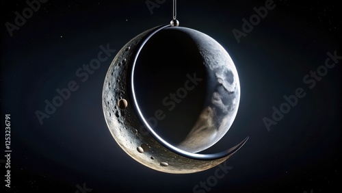 Chrome metal alloyed with iron and silicon, shaped like a crescent moon, hanging in the blackness of space with faint rings around it photo