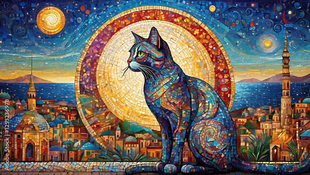 Fototapeta premium Artistic mosaic illustration of a cat silhouetted against a vibrant sun, representing creativity and artistic expression