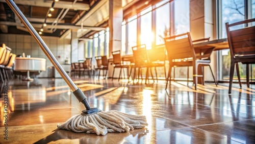 Efficient mop head cleaning sunlit restaurant floor, household management, floor