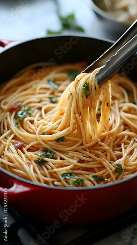 Overhead view capturing freshly cooked spaghetti in a vibrant red dutch oven photo