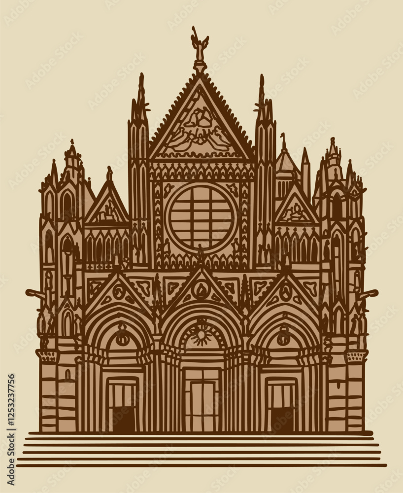 Fototapeta premium Line art drawing of Duomo di Siena Cathedral, Italy, architecture tourism landmark, travel destination illustration