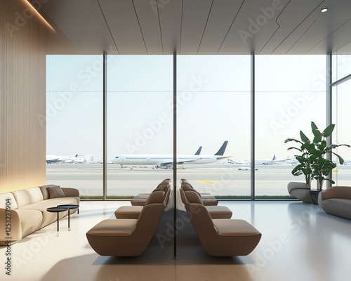 Modern airport lounge with spacious seating.