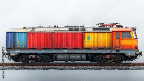 Colorful freight train locomotive with containers on rails against a cloudy background photo