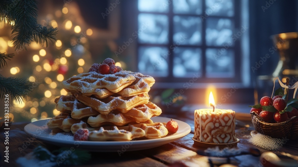 Fototapeta premium Warm Stack of Waffles with Candlelight in Cozy Winter Setting