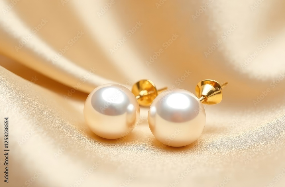 Pearl earrings with golden fittings on shiny beige silk background. Beautiful accessories for women. Elegant jewelery gift or present for wedding or saint valentine's day. Pearl earrings with golden fittings on shiny beige silk background. Beautiful accessories for women. Elegant jewelery gift or present for wedding or saint valentine's day.