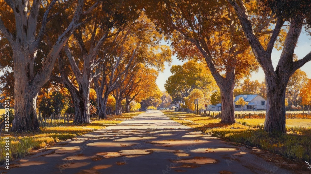 Fototapeta premium Autumnal Roadside Serenity: A picturesque country lane lined with golden trees, bathed in the warm glow of sunlight.