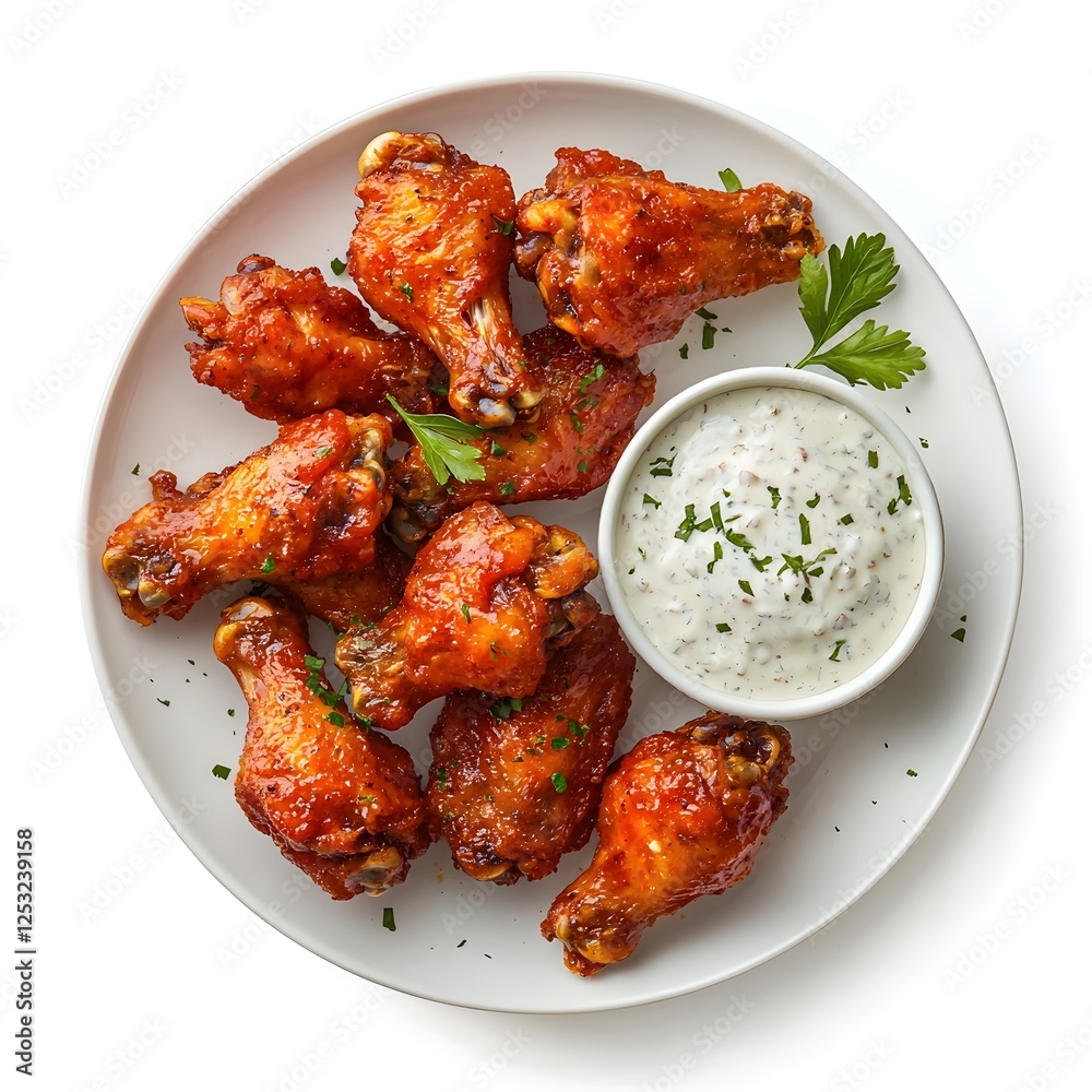 Hot and Spicy Chicken Wings Served with Creamy Ranch Dip on a Plate, Top View Hot and Spicy Chicken Wings Served with Creamy Ranch Dip on a Plate, Top View