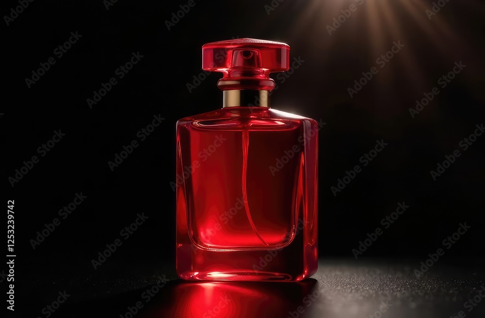 Perfume red bottle, black background, A ray of light Perfume red bottle, black background, A ray of light