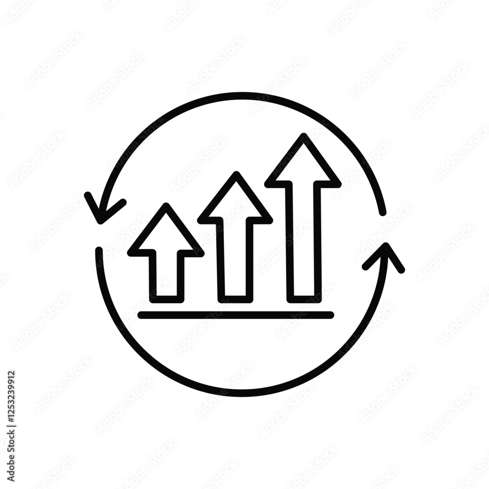A growth chart with circular arrows in line design icon, continuous improvement concept A growth chart with circular arrows in line design icon, continuous improvement concept