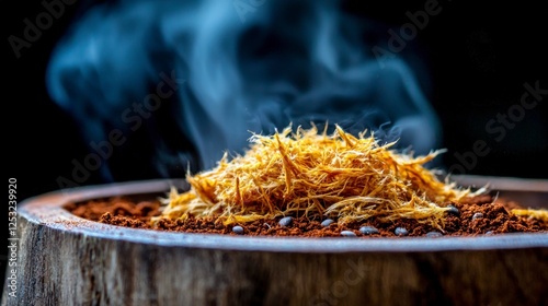 Dried Yellow Herb Steam in Wooden Bowl photo