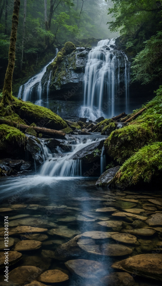 Obraz premium Misty waterfall cascading into a serene forest pool.