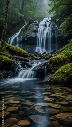 Misty waterfall cascading into a serene forest pool.