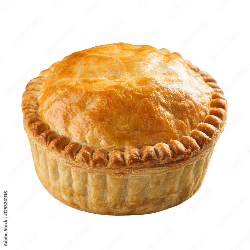 small meat pie with golden pastry isolated on white