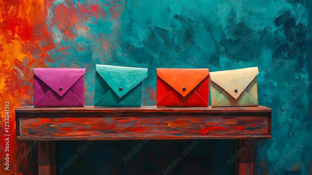 Colorful envelopes arranged on a wooden table with a vibrant textured backdrop