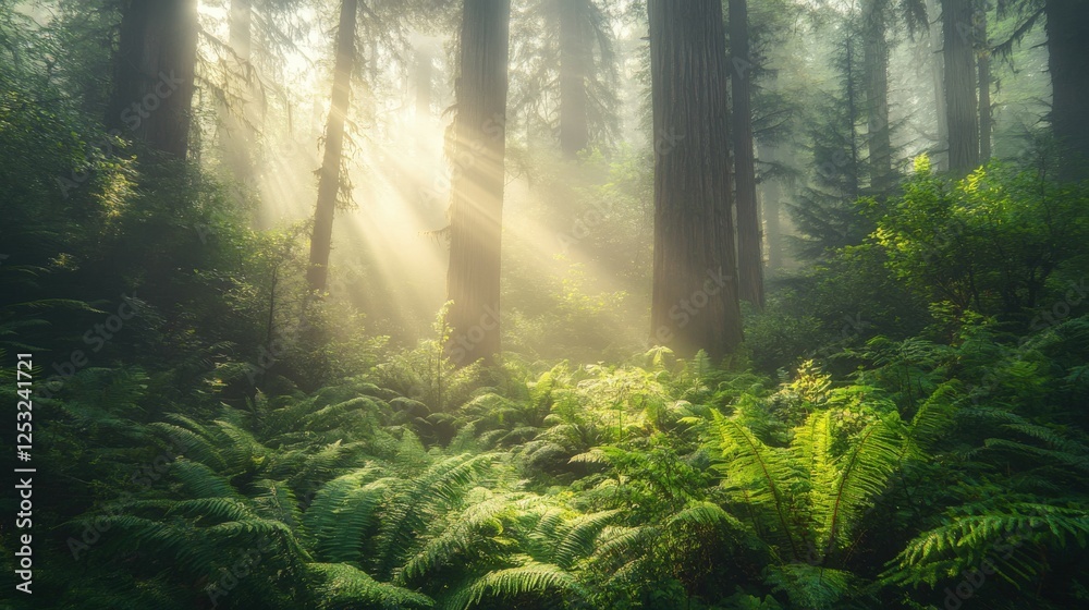 Fototapeta premium Sunlight filters through tall trees in a lush forest