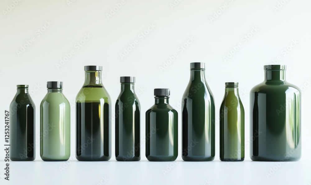 Dark green glass bottles, various sizes, studio shot, white background, packaging design Dark green glass bottles, various sizes, studio shot, white background, packaging design