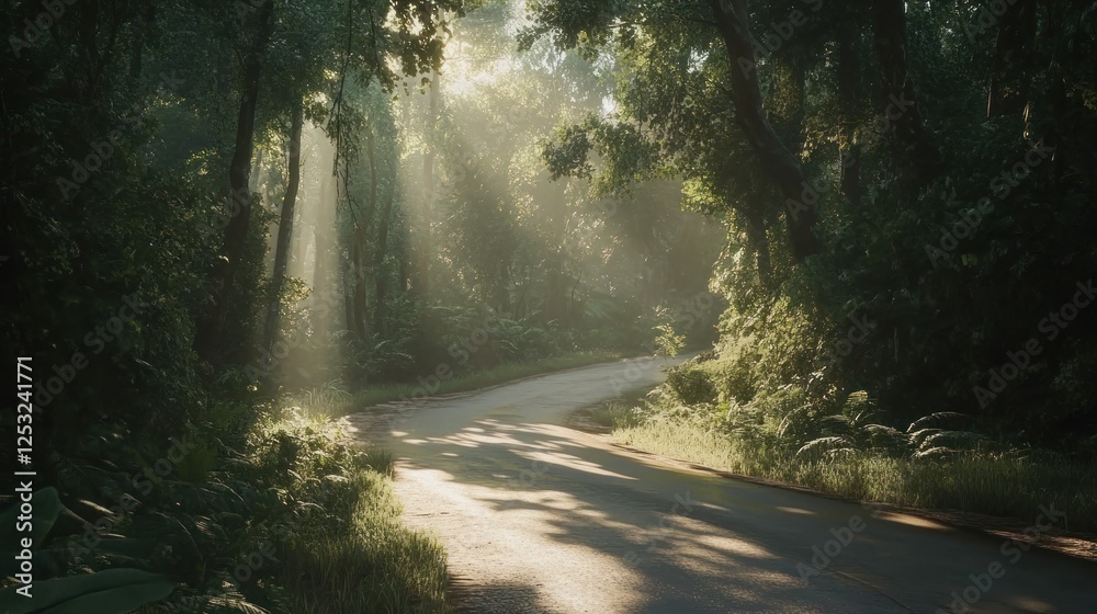 Obraz premium Sunlight filtering through a lush green forest onto a winding road creating a magical atmosphere