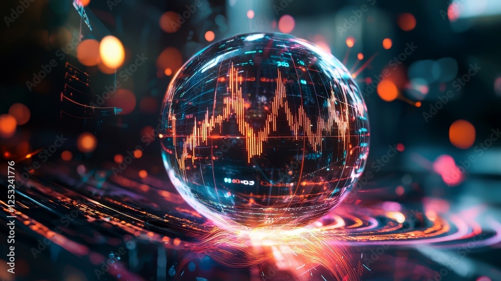 Crystal ball prediction artwork with glowing candlestick charts inside, surrounded by swirling financial data streams and light trails