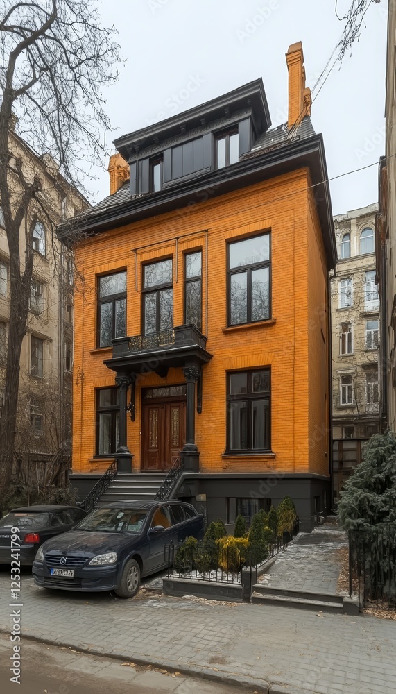 Orange Art Nouveau House Facade with Black Trim, Balcony, and Dormers in Kyiv, Ukraine