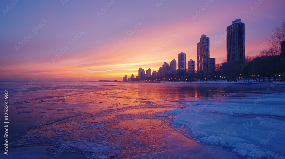 Naklejka premium A winter skyline at sunset, reflecting warm orange and pink hues, icy lake in the foreground, serene mood