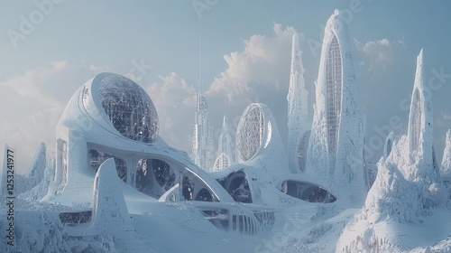 Futuristic avalanche-proof city with domes and towers peeking through layers of snow, surrounded by massive white mountains photo