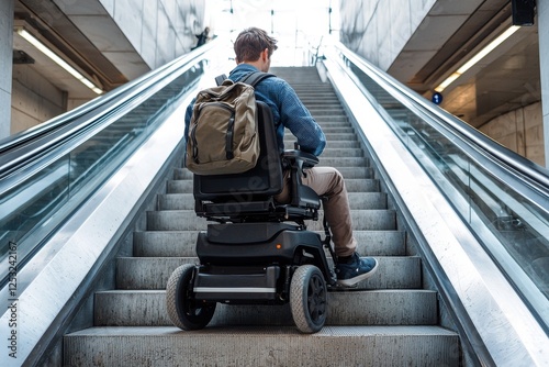 Man in a wheelchair pauses in front of the stairs, highlighting architectural barriers and accessibility challenges photo