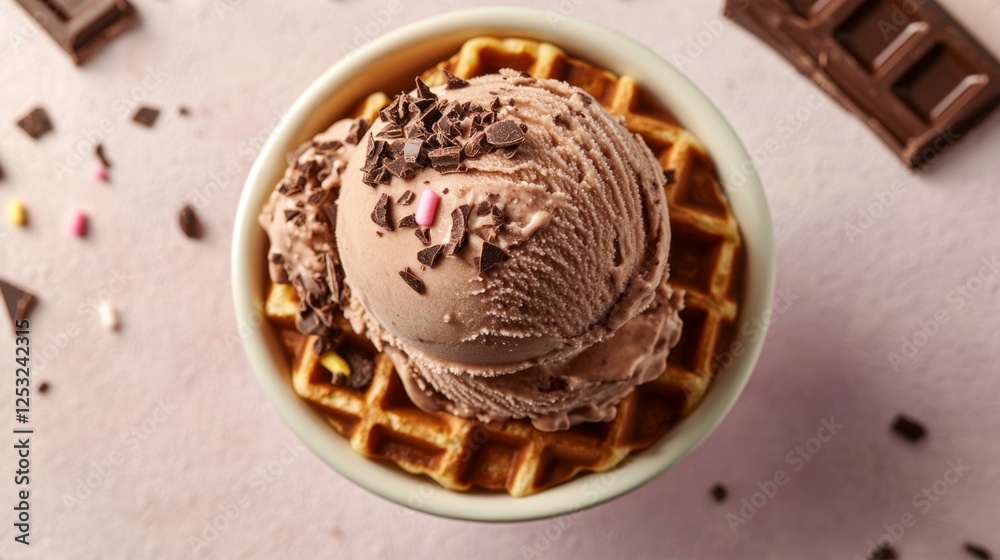Delicious waffle topped with rich chocolate ice cream and sprinkles Delicious waffle topped with rich chocolate ice cream and sprinkles