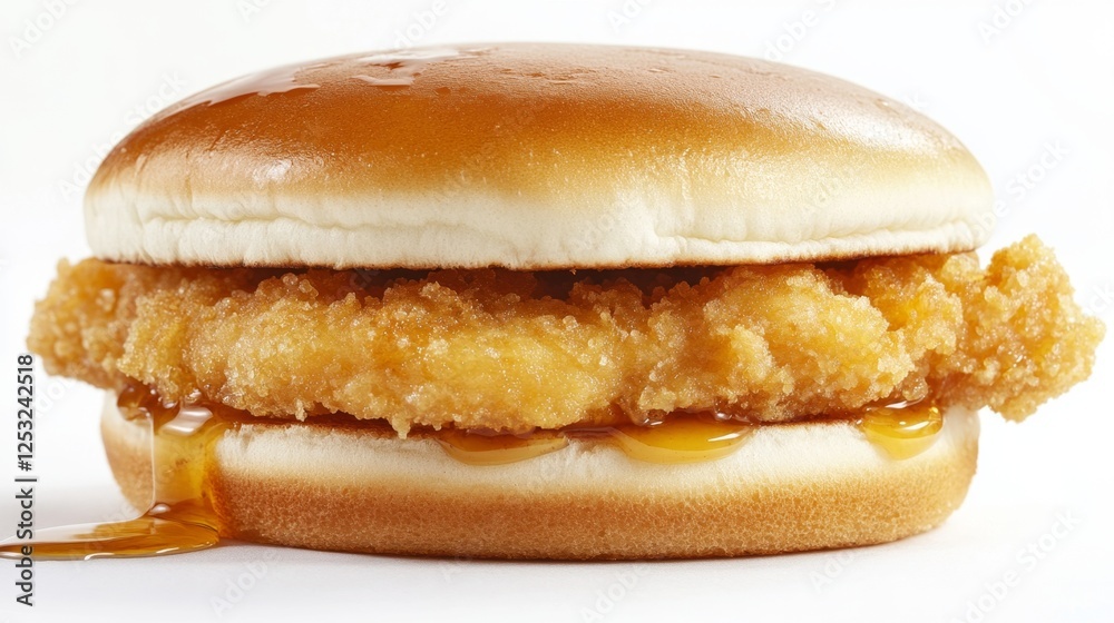 Crispy Golden Breakfast Sandwich with Syrup Dripping on Bun Crispy Golden Breakfast Sandwich with Syrup Dripping on Bun