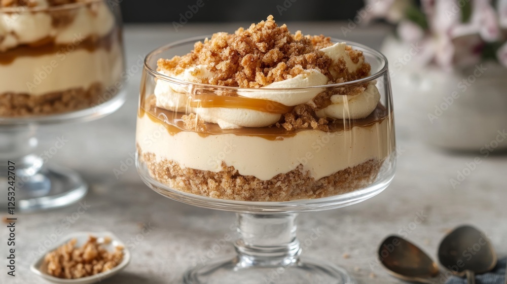 Delicious Caramel Mousse Dessert with Crunchy Layers and Toppings Delicious Caramel Mousse Dessert with Crunchy Layers and Toppings