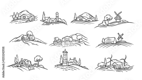 Countryside scenes with farm field, tractors and farmer houses line icons set. Outline hand drawn vintage water and wind mill, barn, works on land. Farm mascot, farmland icons vector illustration