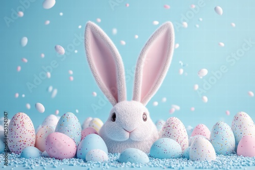 3D illustration of a white rabbit ear emerging from a soft pastel blue backdrop, surrounded by miniature Easter eggs photo