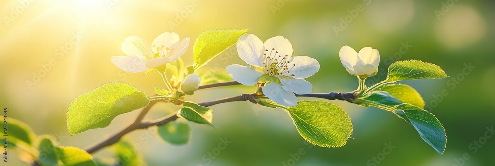 Fototapeta premium Springtime Sunlight Illuminates Beautiful White Blossoms on Branch with Delicate Green Leaves