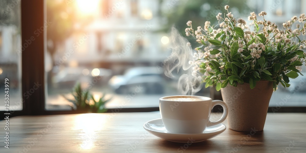 Enjoying a warm cup of coffee beside blooming flowers Enjoying a warm cup of coffee beside blooming flowers