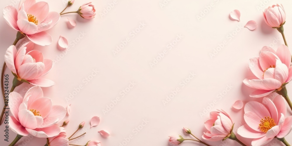 Fototapeta premium Delicate Pink Blossoms Frame a Soft Pastel Background, Perfect for Feminine Designs or Springtime Announcements