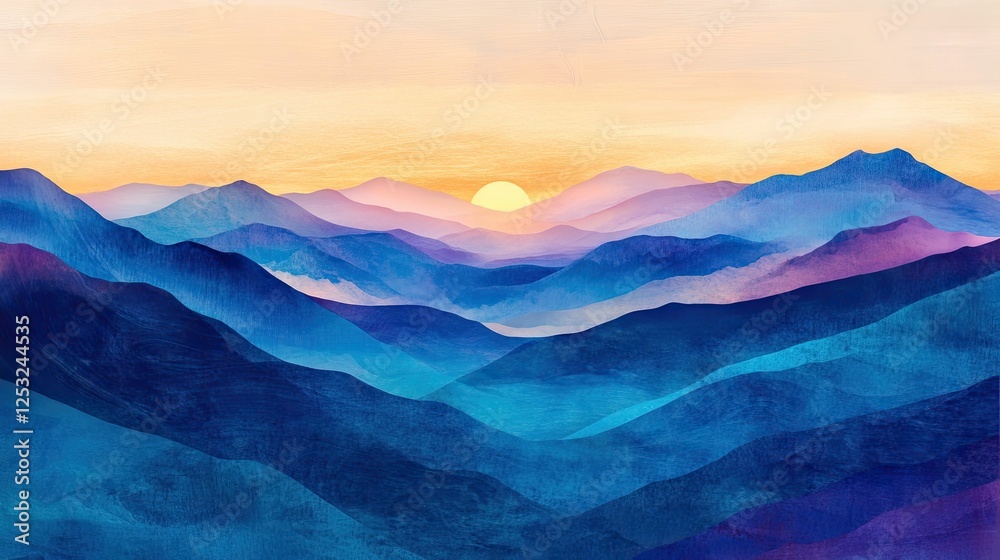 Sunset over layered, blue, purple mountains.