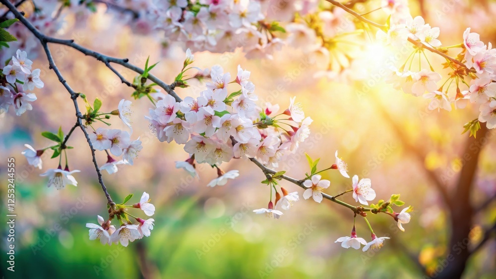Delicate Spring Blossoms Basking in Golden Sunlight, a Serene and Peaceful Natural Scene of Gentle Beauty Delicate Spring Blossoms Basking in Golden Sunlight, a Serene and Peaceful Natural Scene of Gentle Beauty