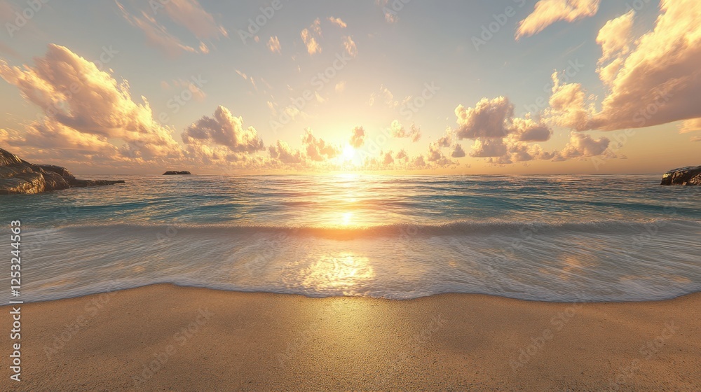 Obraz premium Sunset over calm ocean waves at serene beach