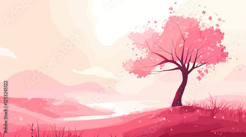 Lone cherry blossom tree in a soft landscape at sunrise for tranquil nature backgrounds
