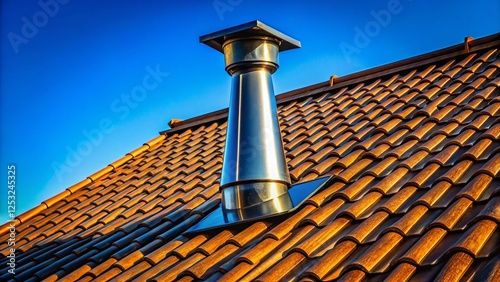 Sooty Chimney on Family Home Roof - Clear Blue Sky Documentary Photography photo