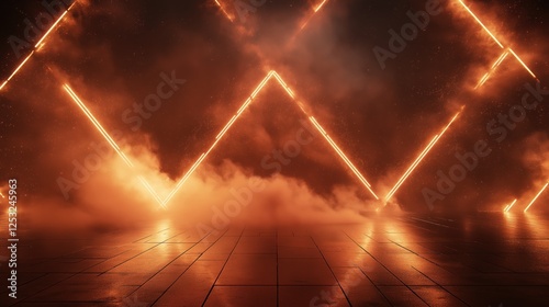 Futuristic neon-lit stage with glowing orange lights and atmospheric smoke