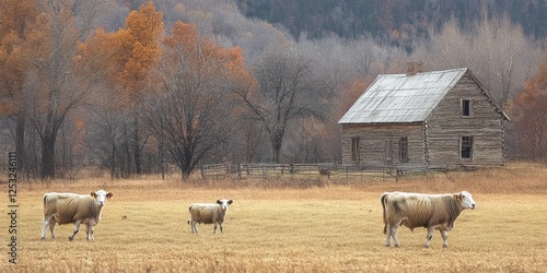 Working heritage breeds preserving traditional livestock practices on a rustic farm with grazing animals photo
