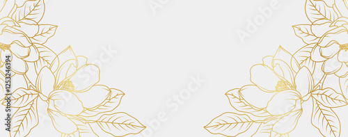 Luxury gold magnolia flowers background. Floral pattern tropical in line art style for greeting, invitation, wedding card, wall art, wallpaper and print. Vector illustration