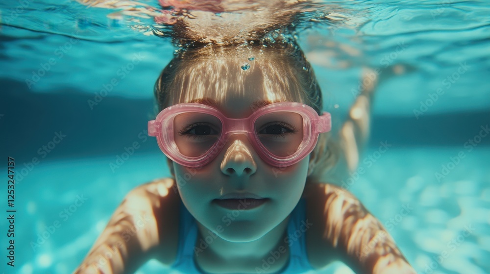 Fototapeta premium Girl with pink goggles underwater, sunny day. Perfect for summer fun, swimming, and kids' themes.