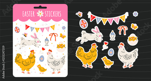 Easter holiday stickers set in abstract 90s retro style. Collection of spring elements, rabbits, eggs, Christian holiday, Easter basket, flowers, chicken. Vector groovy illustration, isolated