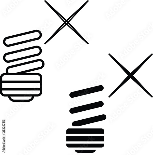  Line icon of a crossed-out energy-saving bulb, symbolizing a ban or avoidance of certain lighting technologies with transparent background.