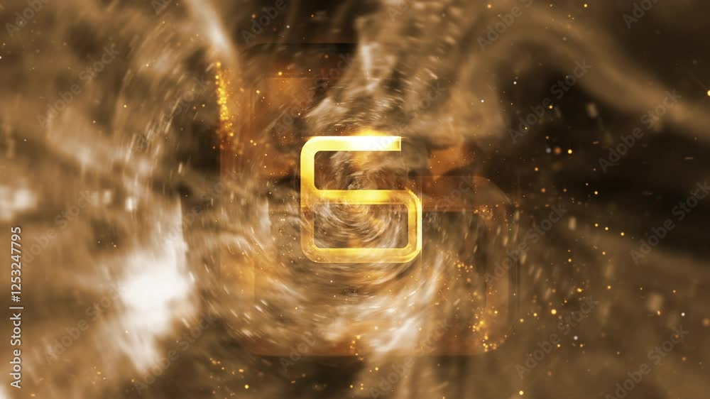 Countdown from ten to zero seconds golden text fire glittering particles cinematic title on black abstract background  