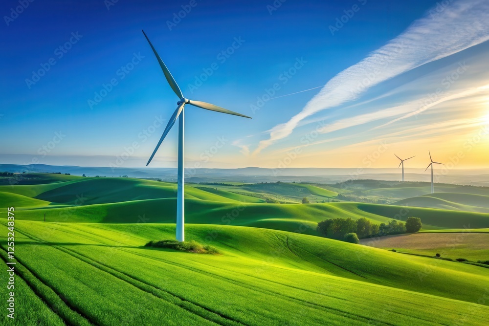 Serene Sunrise over Undulating Green Fields with Wind Turbines Generating Clean Energy Serene Sunrise over Undulating Green Fields with Wind Turbines Generating Clean Energy